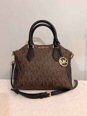 Michael Kors Coraline Brown MK Signature Satchel Crossbody Bag Black Trim